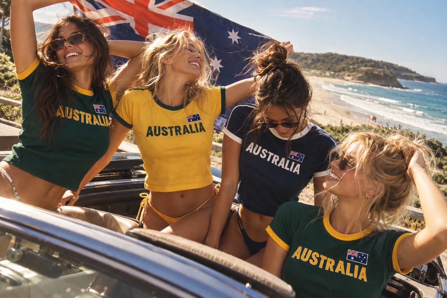 FOREVERAUS campaign - friends with an Australian flag at the beach, wearing the ringer tee in all three colourways