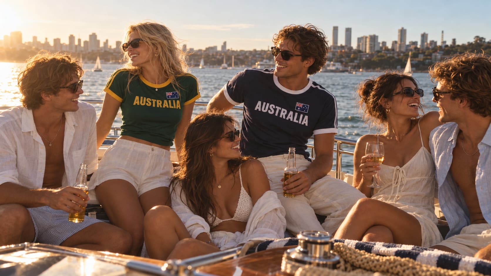 FOREVERAUS campaign - friends on a boat on Sydney Harbour at golden hour, wearing the ringer tee