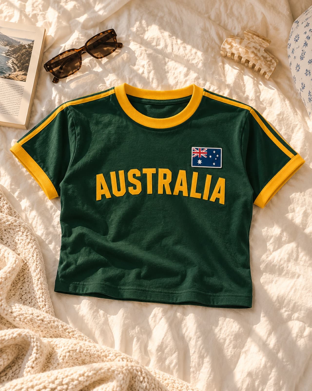 Australia Retro Ringer T-Shirt in Forest Green / Gold, cropped length
