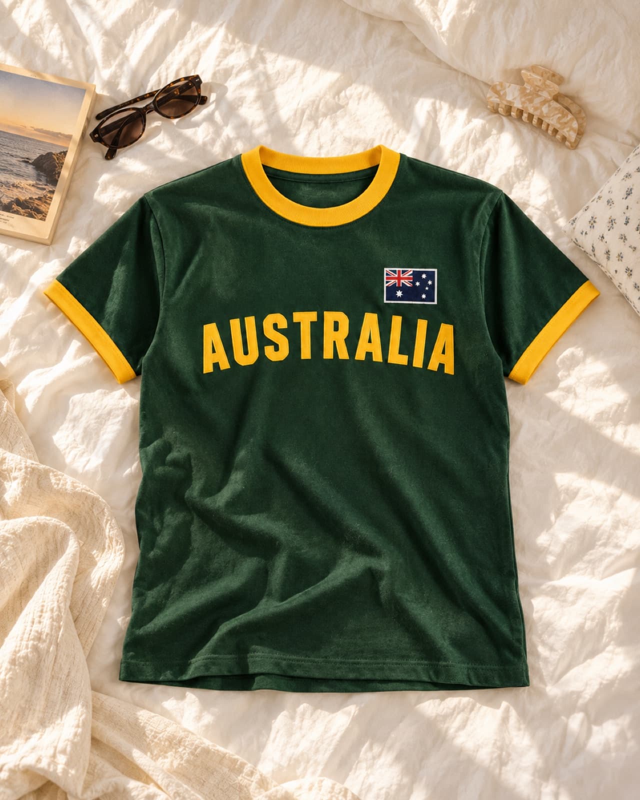 Australia Retro Ringer T-Shirt in Forest Green with gold trim - front