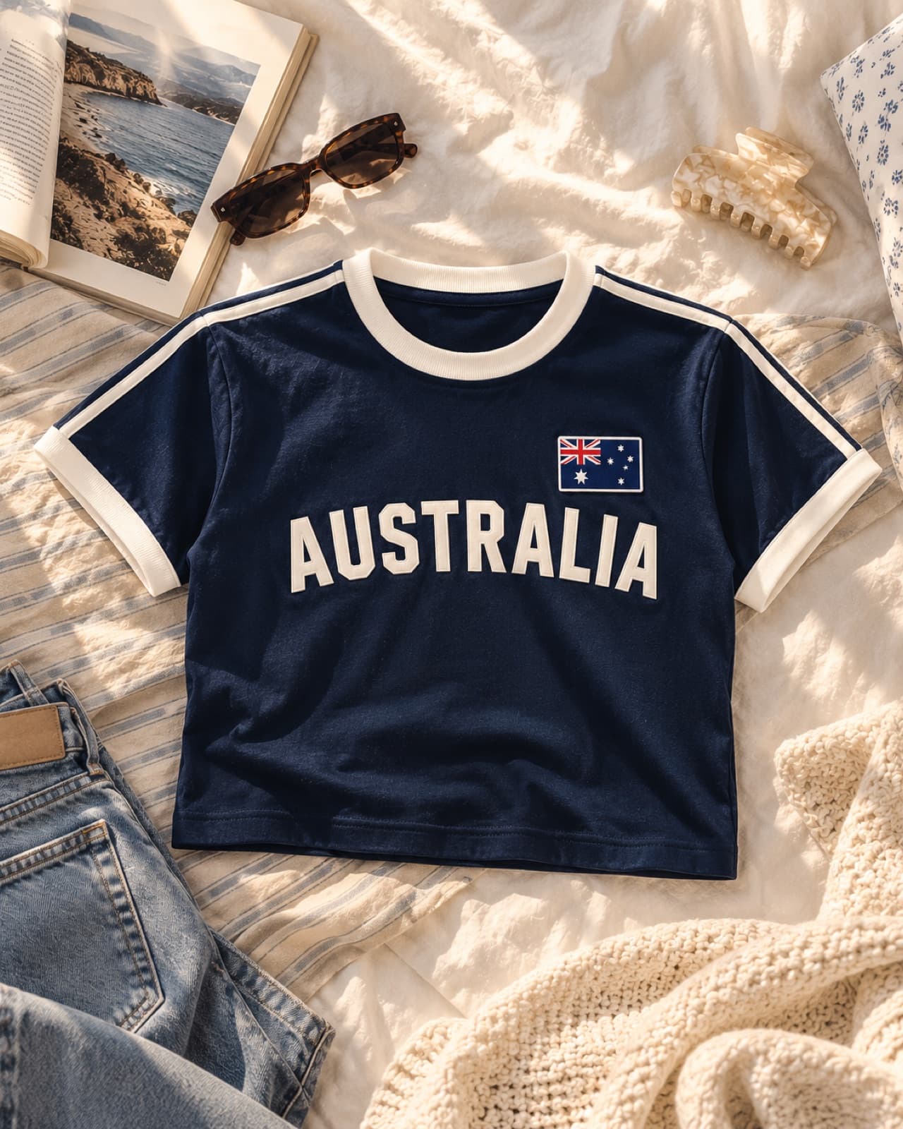 Australia Retro Ringer T-Shirt in Navy / White, cropped length