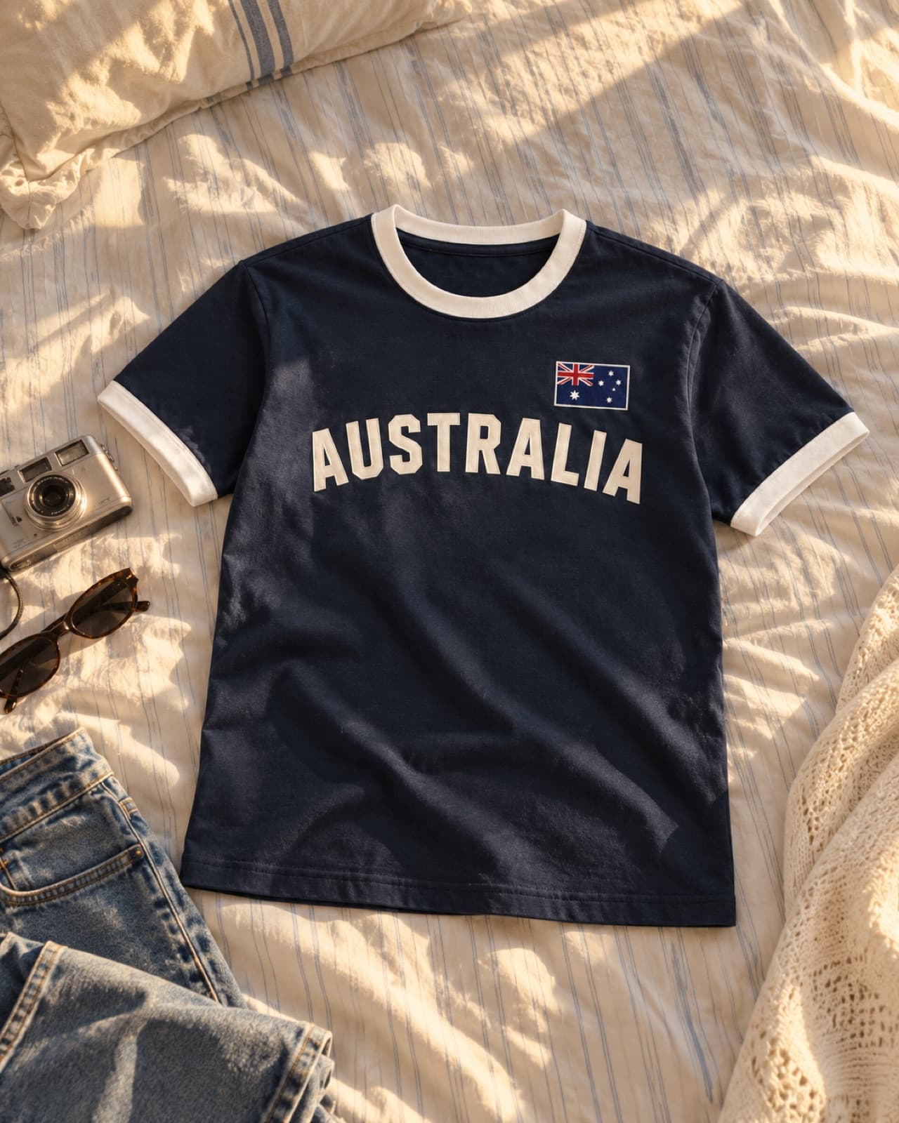 Australia Retro Ringer T-Shirt in Navy with white trim - front