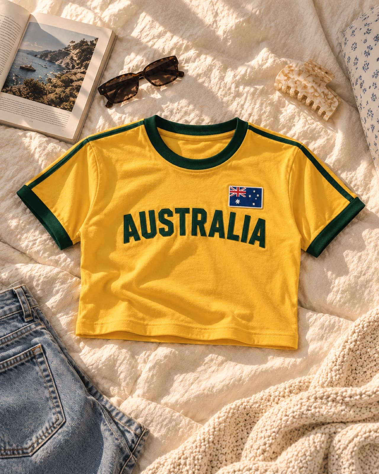 Australia Retro Ringer T-Shirt in Yellow / Green, cropped length