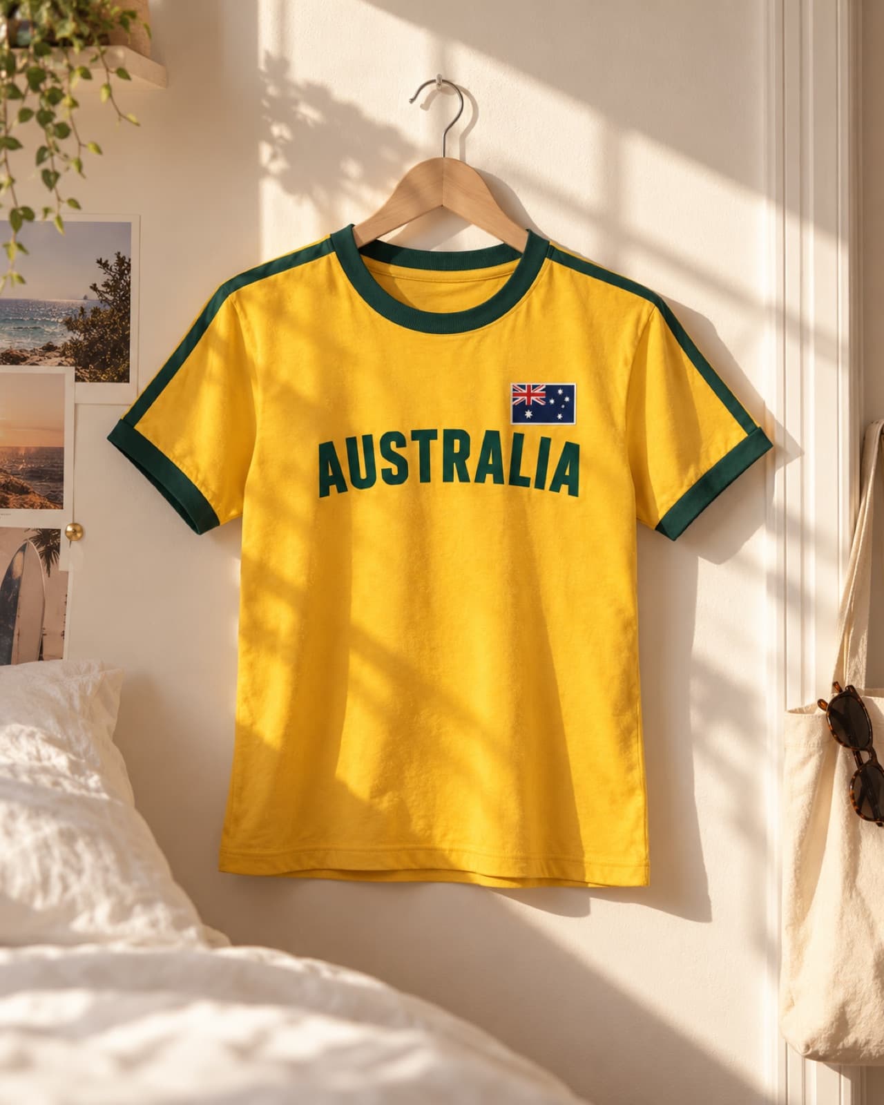 Australia Retro Ringer T-Shirt in Yellow with green trim - front